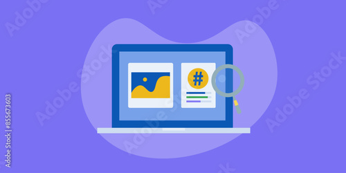 Social media post analytics brand mention and hashtag strategy on laptop screen, vector illustration.