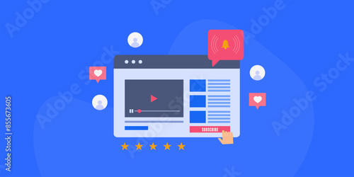 Social media video channel subscription, new video post notification bell, content creator conceptual vector illustration.