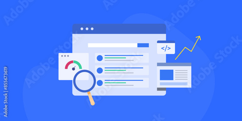 SEO optimization website speed coding and programming meta data search engine ranking algorithm information technology concept, vector illustration.