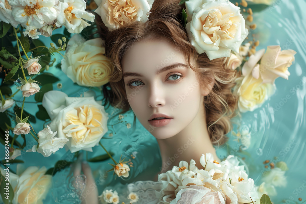 Obraz premium Portrait of a beautiful young woman with clean, fresh skin. Spring and summer inspiration. The concept of perfumery cosmetics. An idea for a postcard, an advertisement, a banner.