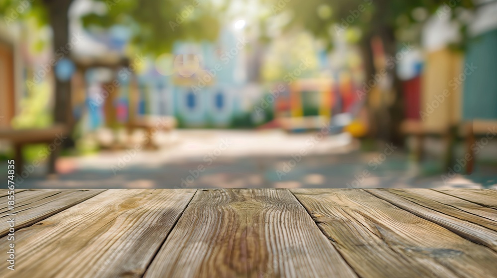 a close up of a rustic empty wooden table with blurred kindergarten background a close up of a rustic empty wooden table with blurred kindergarten background