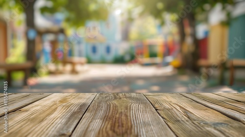 a close up of a rustic empty wooden table with blurred kindergarten background photo