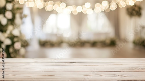 a close up of a rustic empty wooden table with blurred wedding background