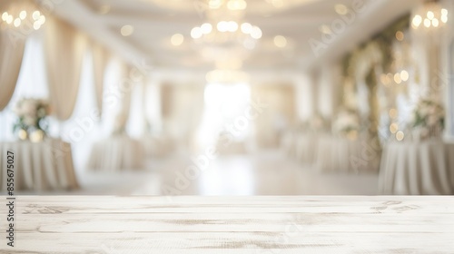 a close up of a rustic empty wooden table with blurred wedding background