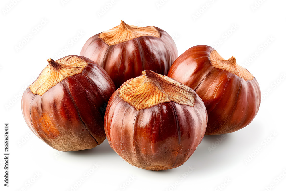 Close-up of shelled and unshelled Chestnut nuts isolated on a white background, showcasing their texture Close-up of shelled and unshelled Chestnut nuts isolated on a white background, showcasing their texture