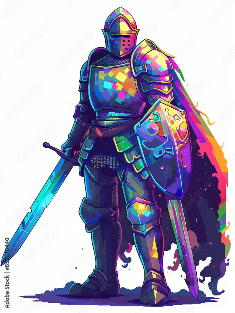 Fototapeta premium Pixel knight, shining armor, 8bit art style, vibrant colors, sidescrolling game perspective, detailed pixels, epic pose, retro adventure ambiance