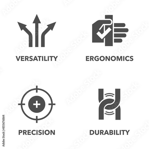 Hand tool characteristics icons for labeling, monochrome style