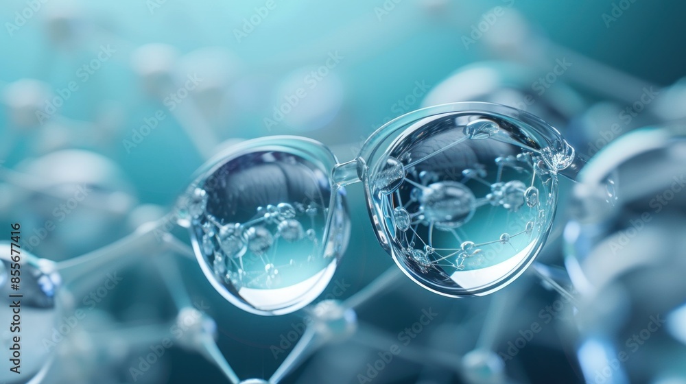 Transparent Eyeglasses Encased in Bubbles Against a Soft Blue Background Transparent Eyeglasses Encased in Bubbles Against a Soft Blue Background
