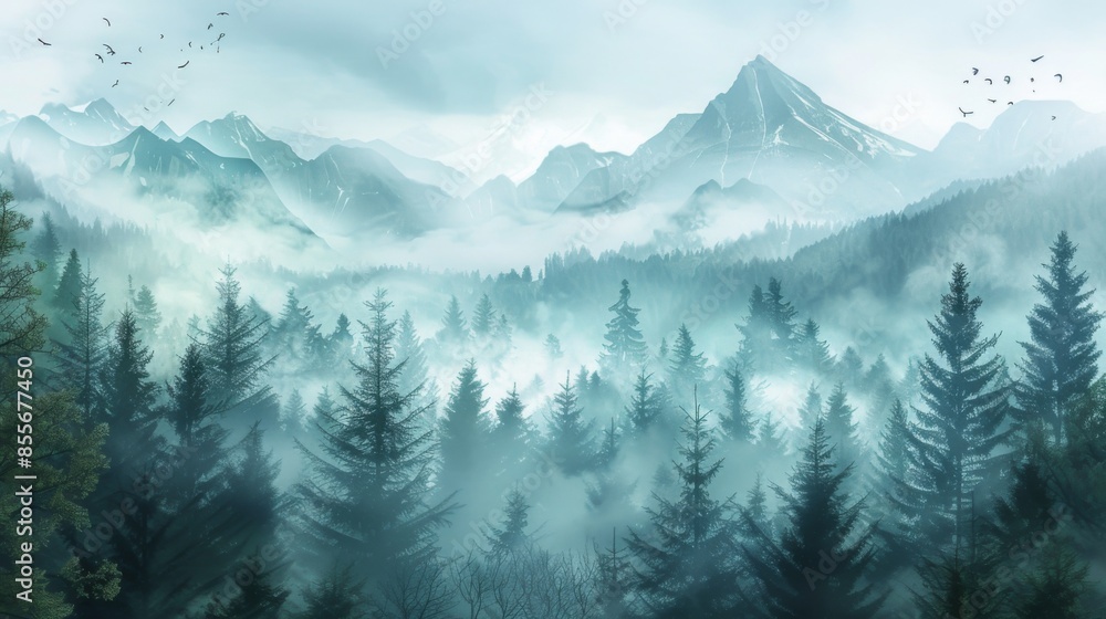Fototapeta premium Mountains landscape with fog and forest. Background illustration generated by ai