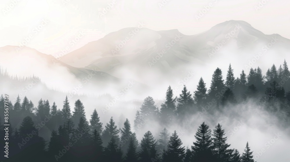 Obraz premium Mountains landscape with fog and forest. Background illustration generated by ai