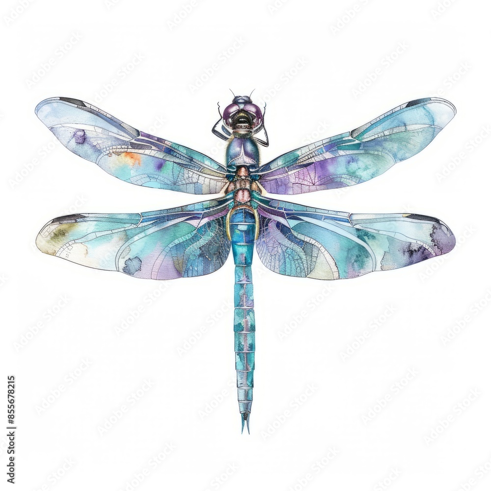Watercolor painting of a radiant dragonfly, with its transparent wings shimmering in hues of turquoise and violet, on isolated white background, Generative AI Watercolor painting of a radiant dragonfly, with its transparent wings shimmering in hues of turquoise and violet, on isolated white background, Generative AI