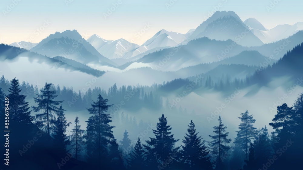 Obraz premium Mountains landscape with fog and forest. Background illustration generated by ai