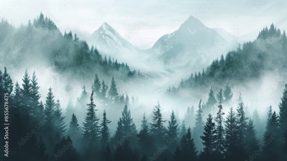 Mountains landscape with fog and forest. Background illustration generated by ai Mountains landscape with fog and forest. Background illustration generated by ai