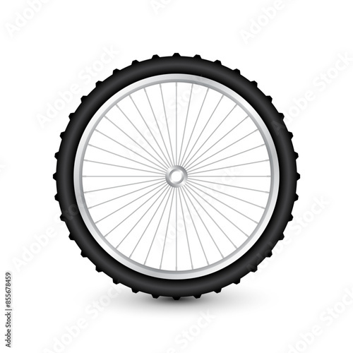 Realistic 3d bicycle wheel. Bike rubber tire, shiny metal spokes and rim. Fitness cycle, touring, sport, road and mountain bike. Vector illustration