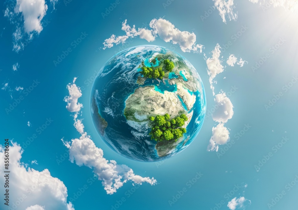 A globe with a blue sky and clouds surrounding it A globe with a blue sky and clouds surrounding it