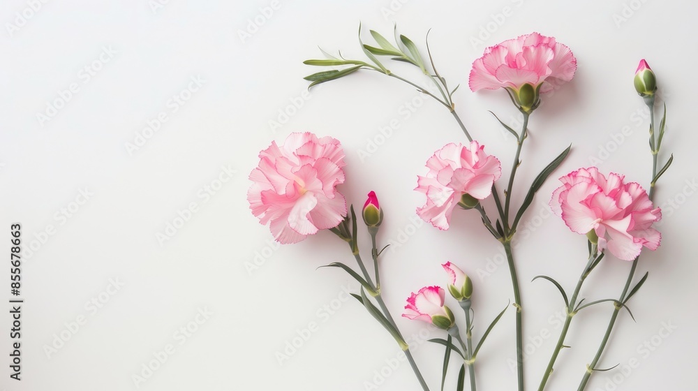 Pink carnations on white background with space for text Pink carnations on white background with space for text