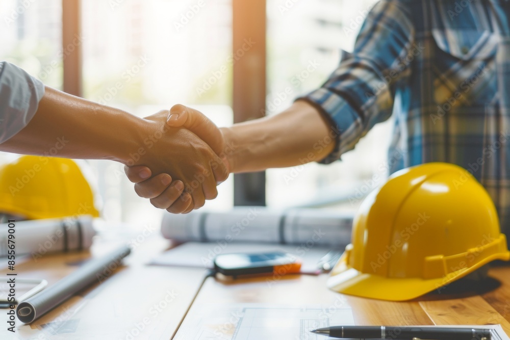 Two people shaking hands with a construction helmet on the table Two people shaking hands with a construction helmet on the table