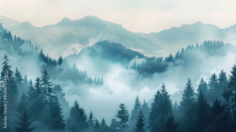 Mountains landscape with fog and forest. Background illustration generated by ai Mountains landscape with fog and forest. Background illustration generated by ai