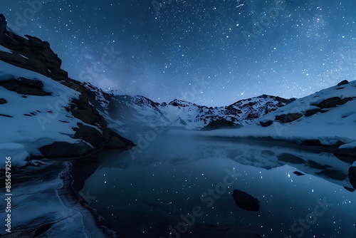 A tranquil hot spring at the zenith of a snowy mountain, steaming gently under the stars