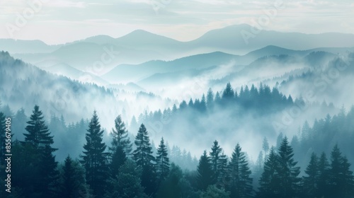 Mountains landscape with fog and forest. Background illustration generated by ai