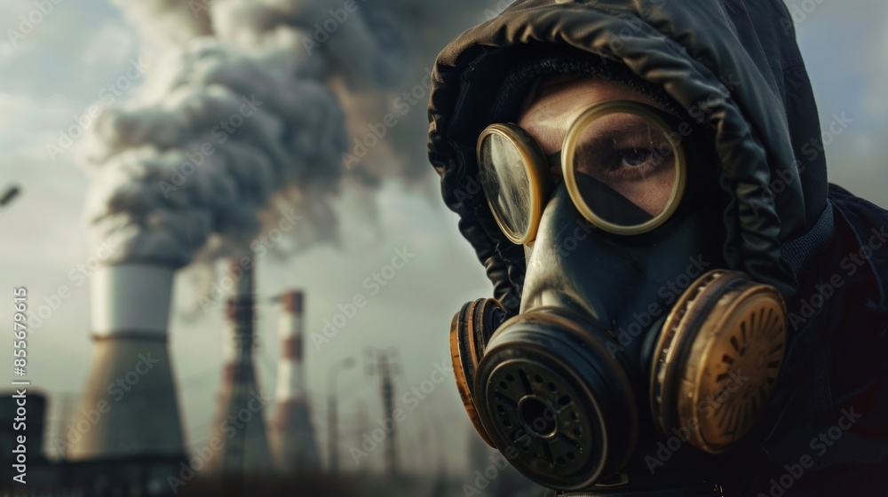 A person with a disaster protection gas mask hood from nuclear gas. AI generated image A person with a disaster protection gas mask hood from nuclear gas. AI generated image