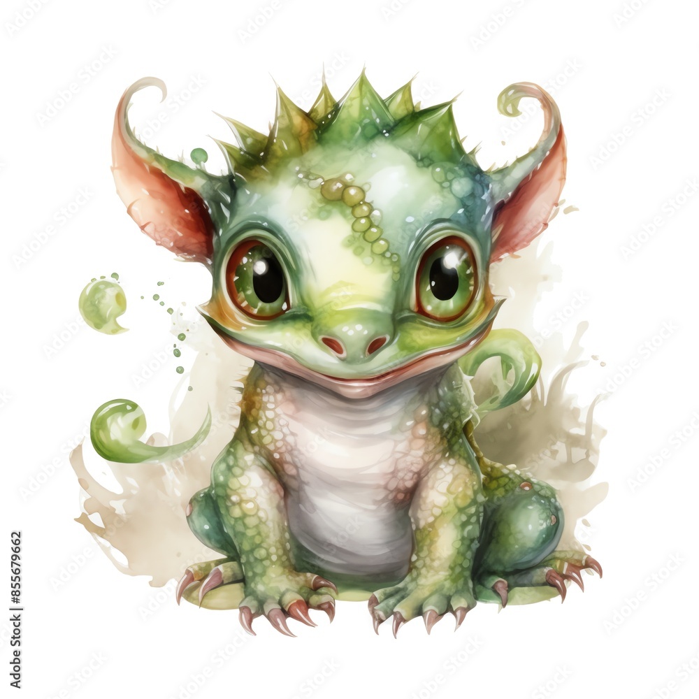 Fantasy watercolor cute baby little green dragon illustration Fantasy watercolor cute baby little green dragon illustration