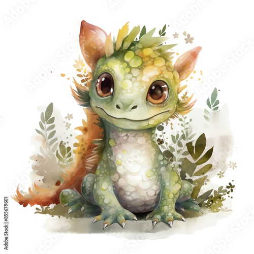 Fantasy watercolor cute baby little green dragon illustration