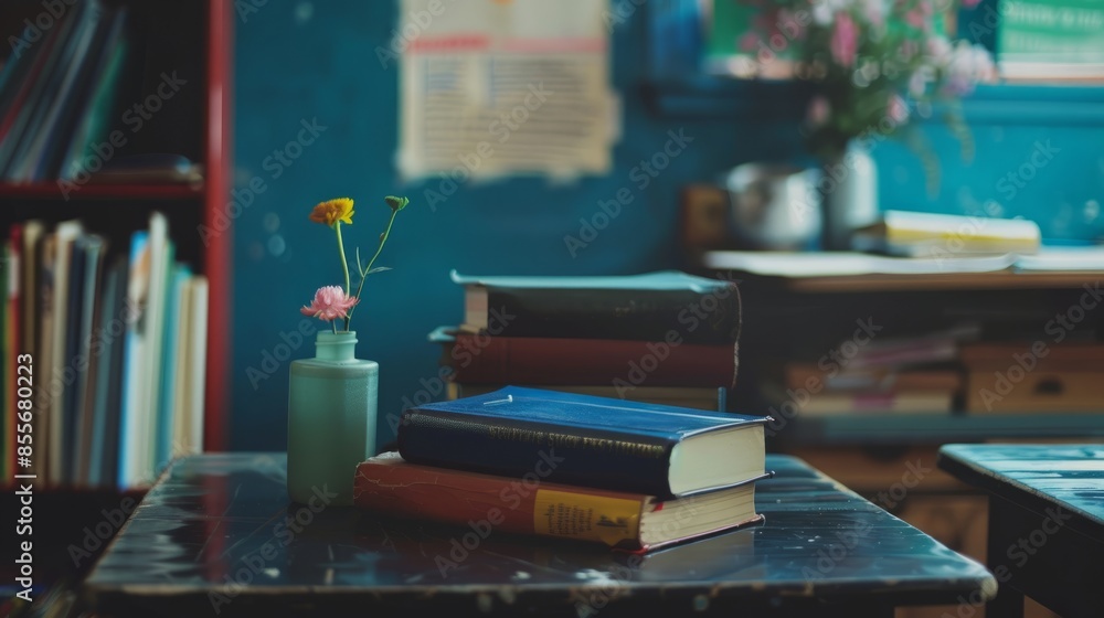 Neatly stacked school books on a wooden desk with classroom background, ideal for educational themes, back-to-school promotions, study materials, and academic projects Neatly stacked school books on a wooden desk with classroom background, ideal for educational themes, back-to-school promotions, study materials, and academic projects