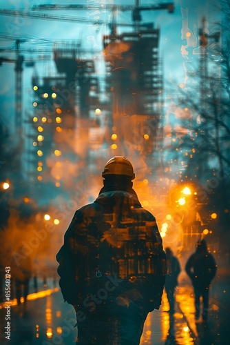 Silhouette of a worker at a construction site at dusk with cranes and building lights illuminating the scene.