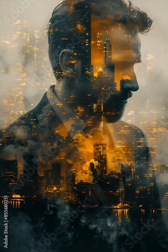 Surreal double exposure of a man in a suit with a cityscape at sunset, blending urban environment and contemplative mood.