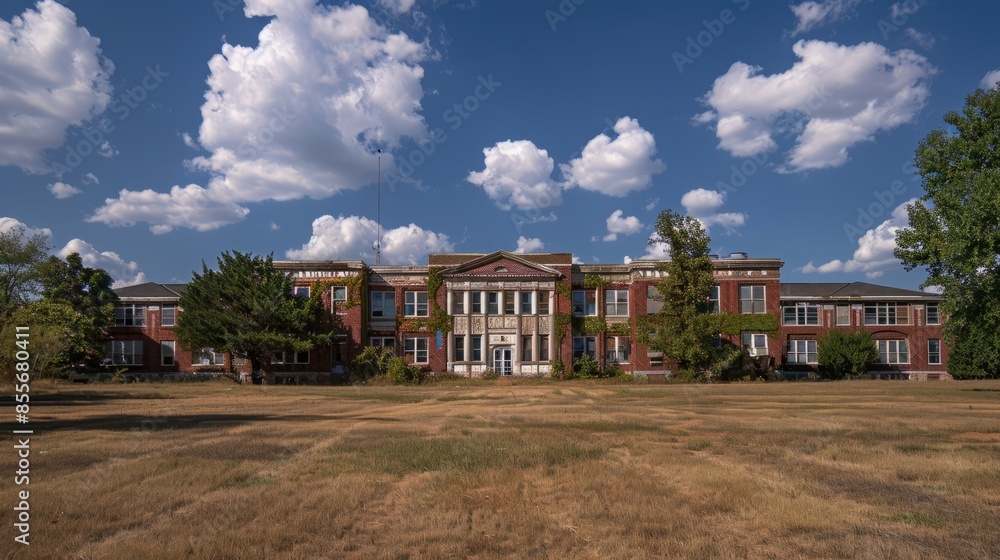 Traditional school building exterior with towering clock, academics and education concept Traditional school building exterior with towering clock, academics and education concept
