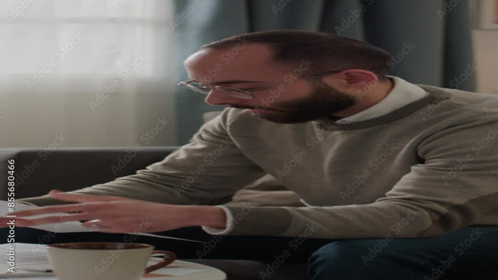 Medium vertical shot of young Middle Eastern man managing domestic expenses, opening envelope, taking out new bill, reading it, clenching fist and swearing with anger Medium vertical shot of young Middle Eastern man managing domestic expenses, opening envelope, taking out new bill, reading it, clenching fist and swearing with anger