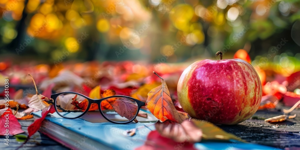 A pair of glasses and an apple are on a table with autumn leaves A pair of glasses and an apple are on a table with autumn leaves