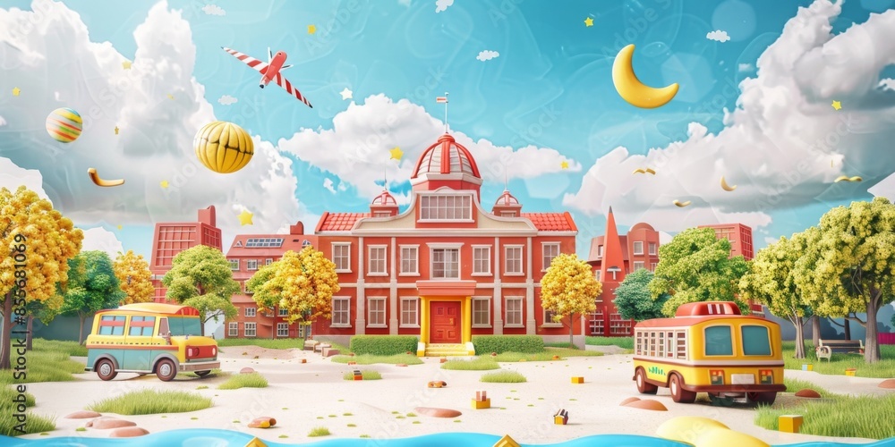 A cartoonish drawing of a school with a red building and a yellow school bus A cartoonish drawing of a school with a red building and a yellow school bus