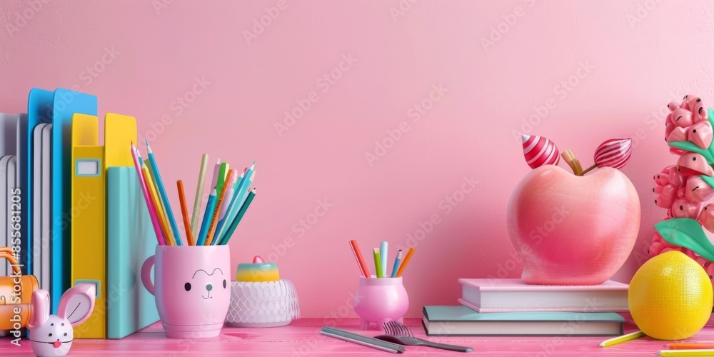 A pink apple sits on a desk next to a pink cup and a stack of books A pink apple sits on a desk next to a pink cup and a stack of books
