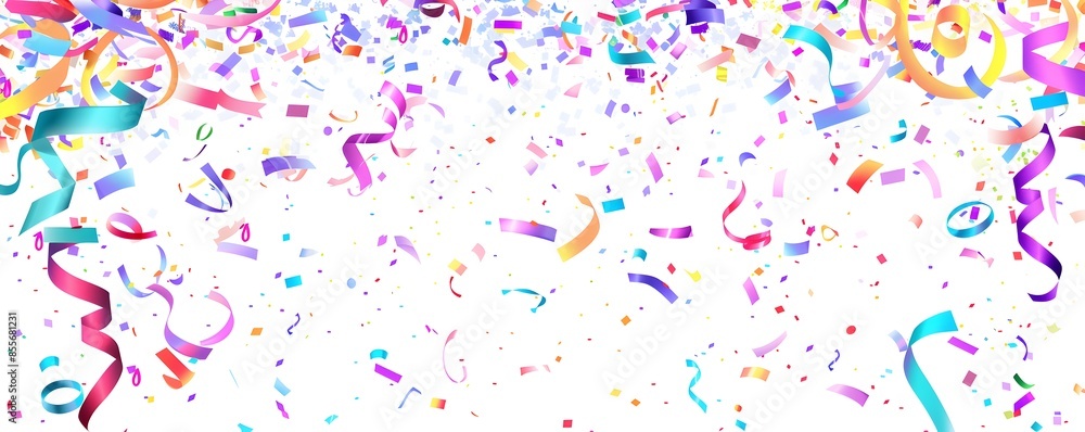 White background with colorful confetti and ribbons at the bottom, vector illustration, flat design, simple shapes, no shadows, colorful
White background with colorful confetti and ribbons at the bottom, vector illustration, flat design, simple shapes, no shadows, colorful