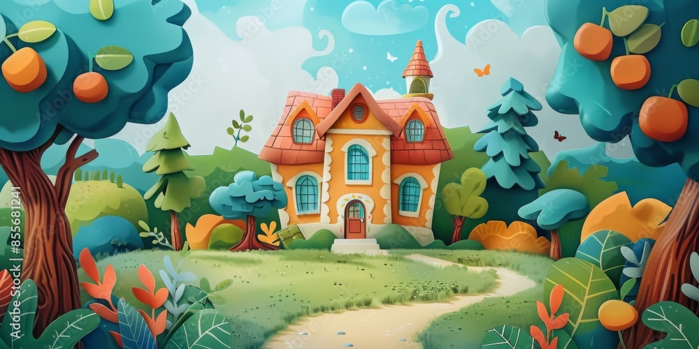 A cartoonish house with a path leading to it A cartoonish house with a path leading to it