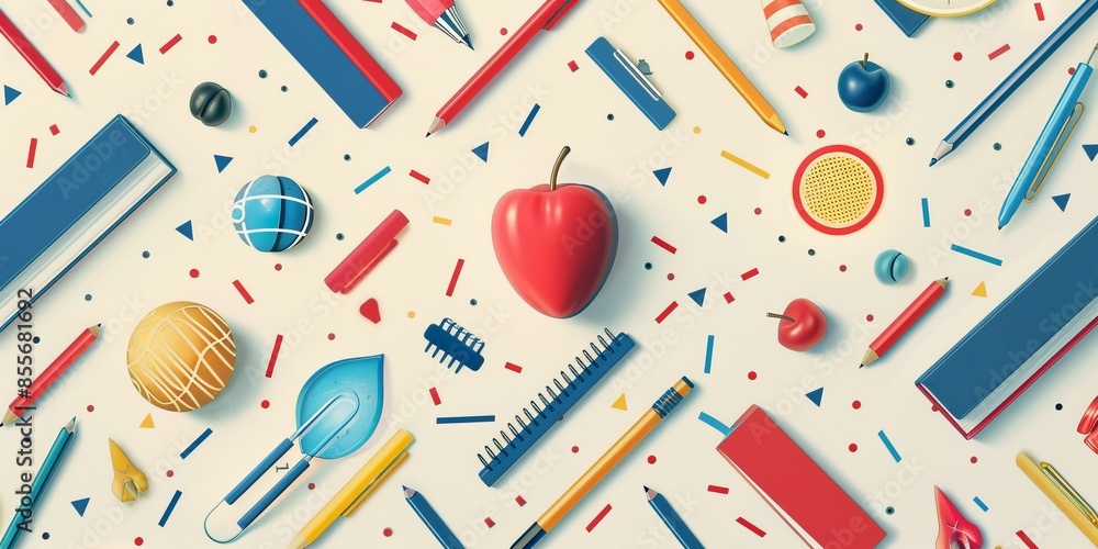 A colorful image of school supplies and a red apple A colorful image of school supplies and a red apple
