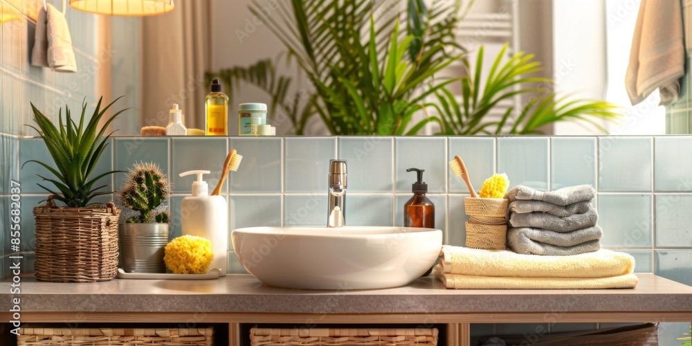 Fototapeta premium A bathroom with a sink, a mirror, and a potted plant