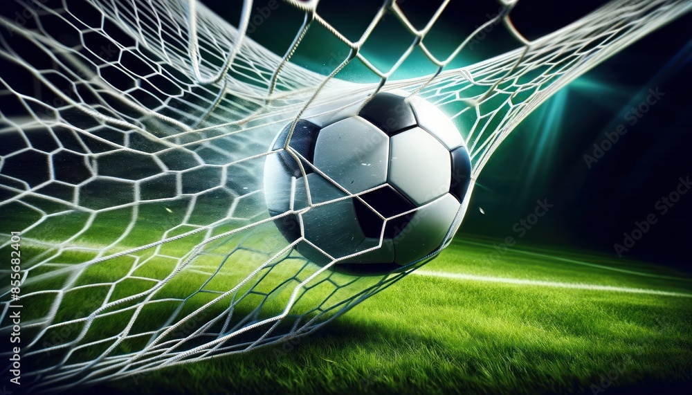 Naklejka premium classic black and white soccer ball as it strikes the back of the net, capturing the decisive moment of a goal.