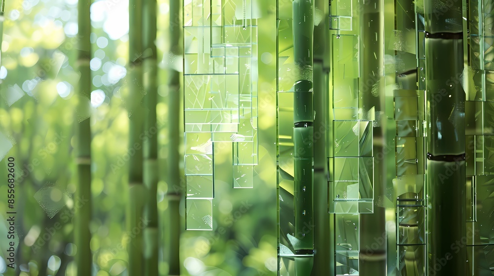 Fototapeta premium Digital technology green glass bamboo forest poster background