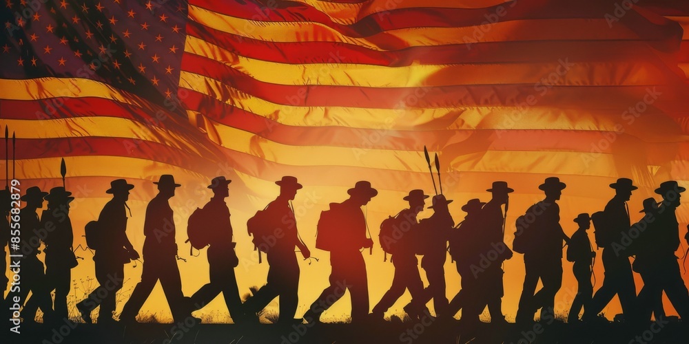 Fototapeta premium A group of soldiers are walking in front of the American flag