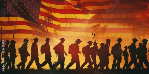 A group of soldiers are walking in front of the American flag photo