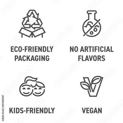 Kids-friendly, Vegan, Eco-friendly, No flavors - icons in bold line