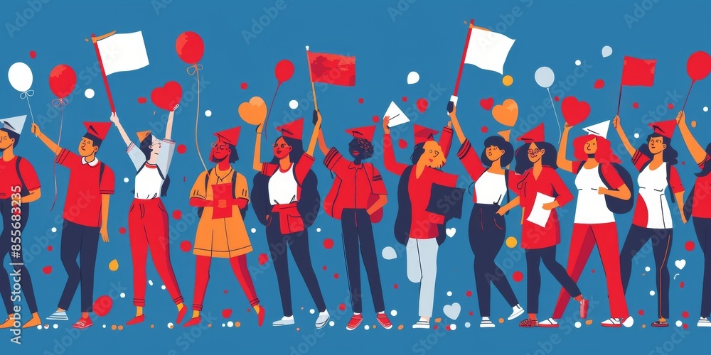 A group of people holding up red flags and balloons A group of people holding up red flags and balloons