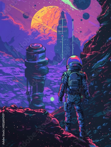 Pixel space explorer, alien planet, 8bit art style, vibrant colors, isometric perspective, detailed pixels, space suit, retro scifi adventure photo