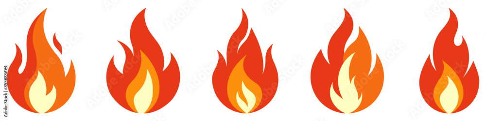 Fire icon. Set of five vibrant fire flame icons. Perfect for various design needs and conveying energy and warmth. Fire icon. Set of five vibrant fire flame icons. Perfect for various design needs and conveying energy and warmth.