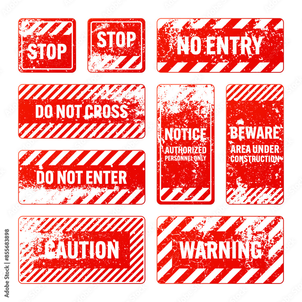 Red grunge warning signs with diagonal lines. Old attention, danger or ...