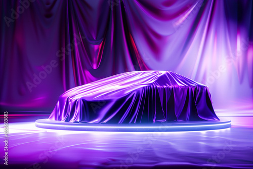 Unknown new mystery car presentation covered with cloth, sports car is hidden under fabric, stands in showroom