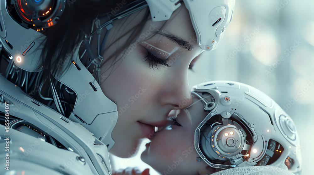 Photo of an AI robot mother holding her baby in the style of cyberpunk, futuristic design, closeup portrait, high detail, hyperrealistic Photo of an AI robot mother holding her baby in the style of cyberpunk, futuristic design, closeup portrait, high detail, hyperrealistic